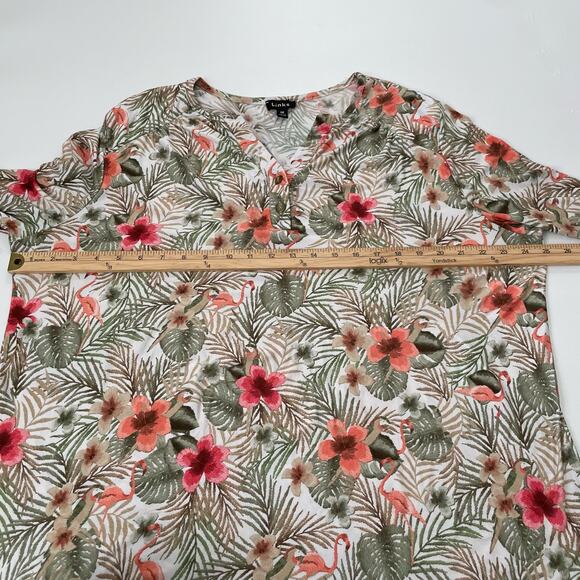 Links Size 1X Green Tan Tropical Pattern Top Flamingo Long Sleeves - Picture 5 of 6